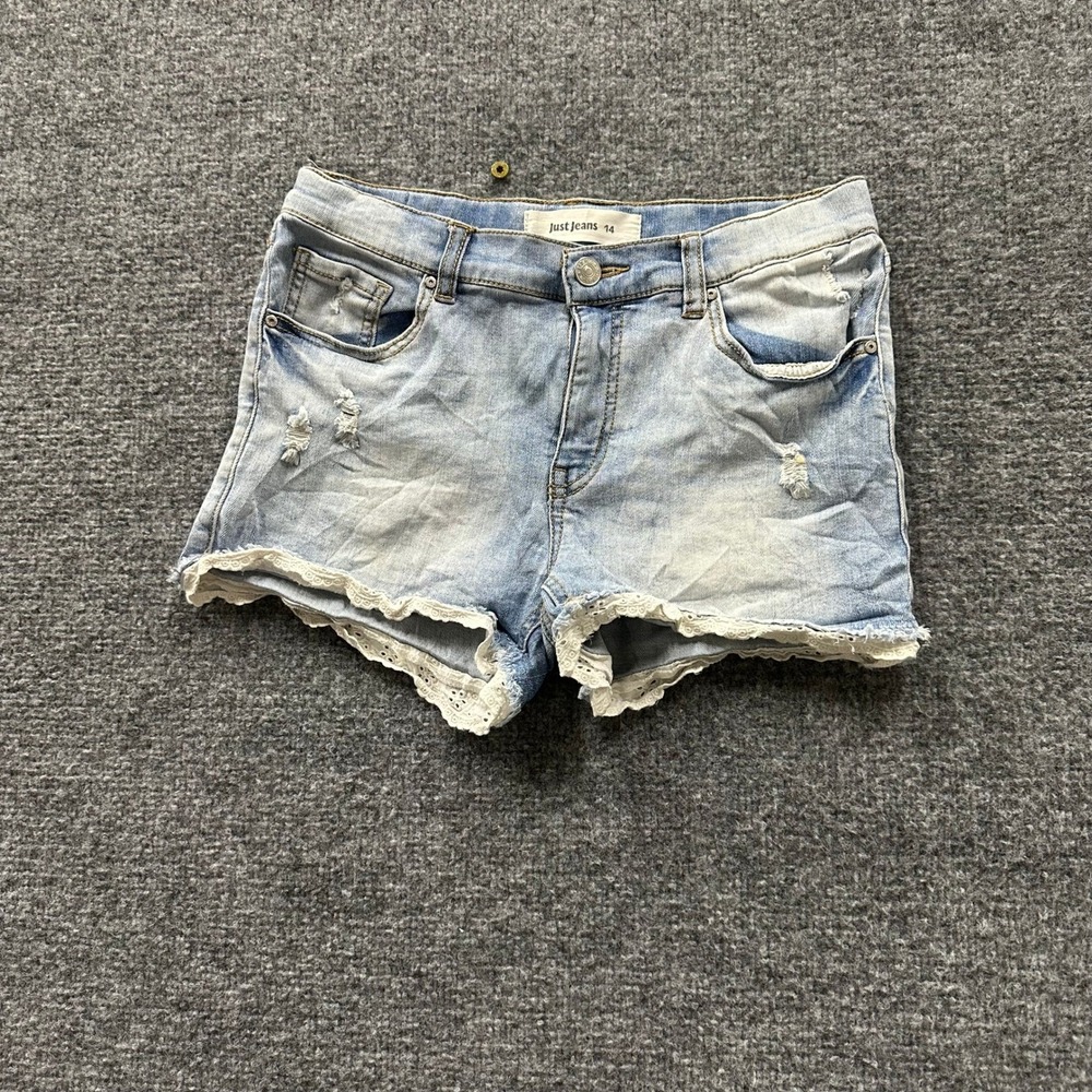 Just Jeans Denim Shorts Womens Size 14 Light Wash Distressed Lace Trim Casual